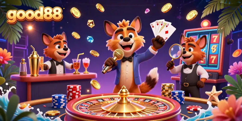 Experience the fun at good88 with hyena characters in a vibrant casino scene showcasing laughter and excitement.
